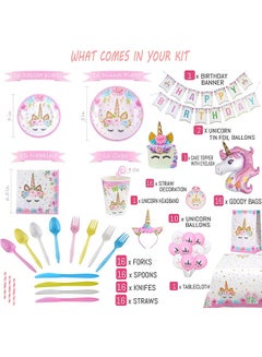 LENND Unicorn party supplies set & tableware kit,serves 16 - Perfect for girls birthday party decorations- Includes plates,napkins,cups,starws,utensils  - Image 2