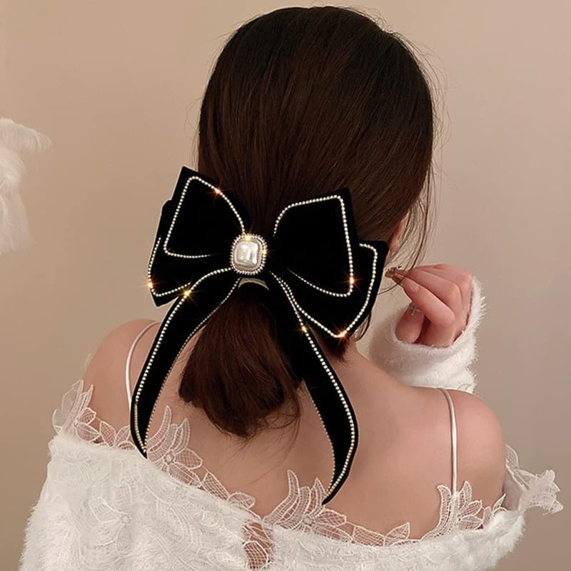 FAMEZA 1 pcs Luxury Velvet Black Hair Bow Hair Clips Barrettes Clips Large Bows with Pearl Rhinestone Hair Clip Big Bowknot Barrettes French Style Hair Accessories for Women (Black) - Image 3