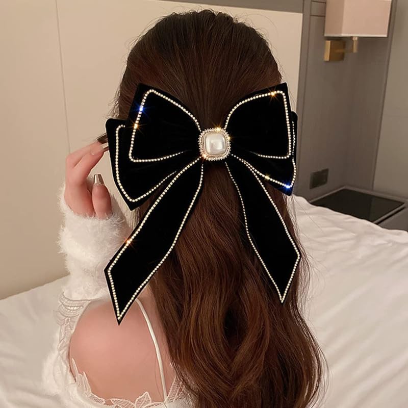 FAMEZA 1 pcs Luxury Velvet Black Hair Bow Hair Clips Barrettes Clips Large Bows with Pearl Rhinestone Hair Clip Big Bowknot Barrettes French Style Hair Accessories for Women (Black) - Image 1