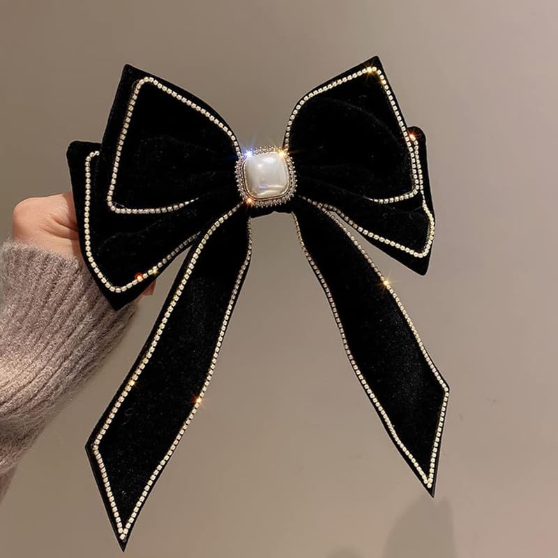 FAMEZA 1 pcs Luxury Velvet Black Hair Bow Hair Clips Barrettes Clips Large Bows with Pearl Rhinestone Hair Clip Big Bowknot Barrettes French Style Hair Accessories for Women (Black) - Image 5