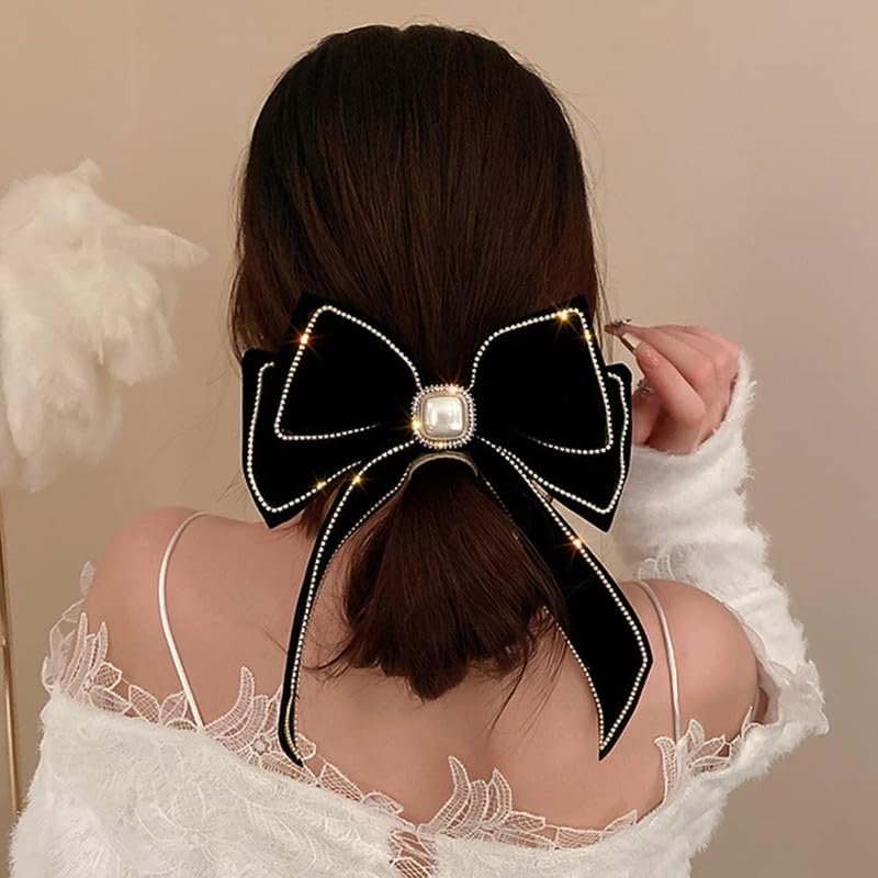 FAMEZA 1 pcs Luxury Velvet Black Hair Bow Hair Clips Barrettes Clips Large Bows with Pearl Rhinestone Hair Clip Big Bowknot Barrettes French Style Hair Accessories for Women (Black) - Image 2