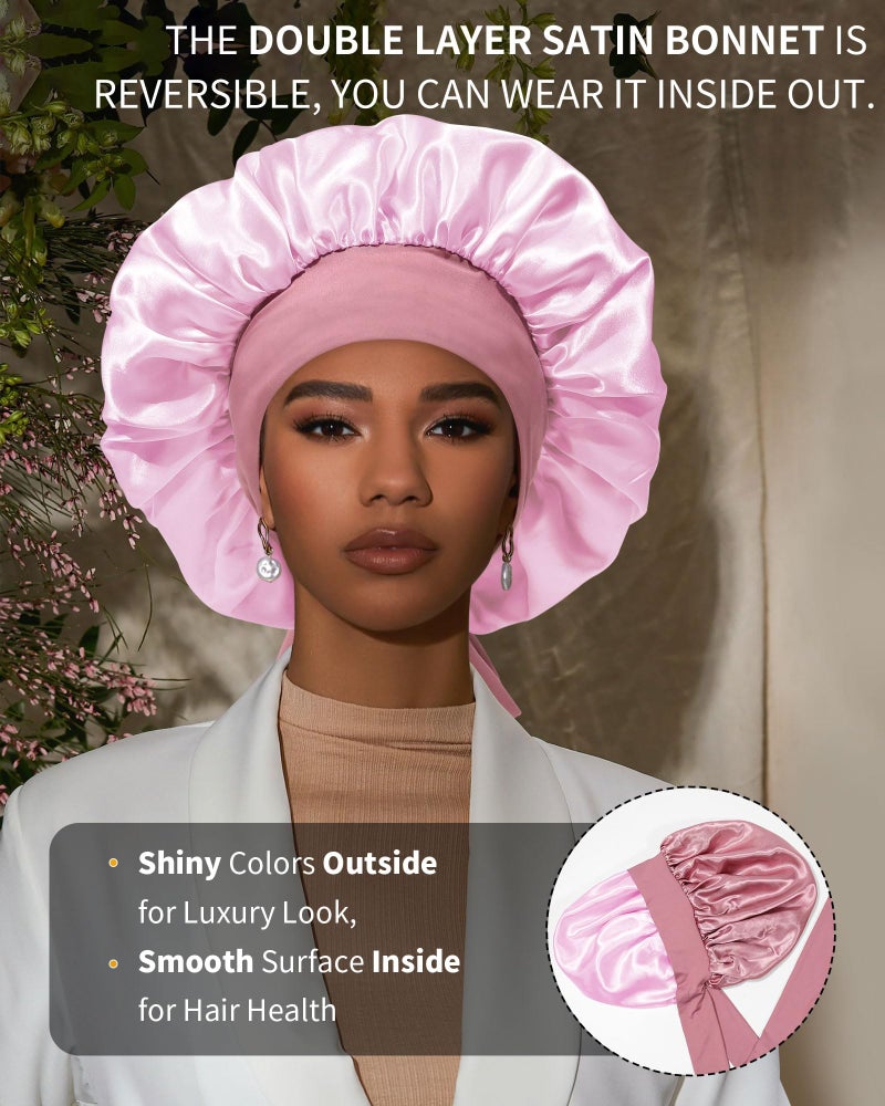 AWAYTR Satin Bonnet for Women Silk Bonnets for Sleeping Curly Hair Bonnet with Elastic Tie Band Reversible Double Layer Sleep Cap Hair Wrap (Bean Paste + Pink) - Image 2
