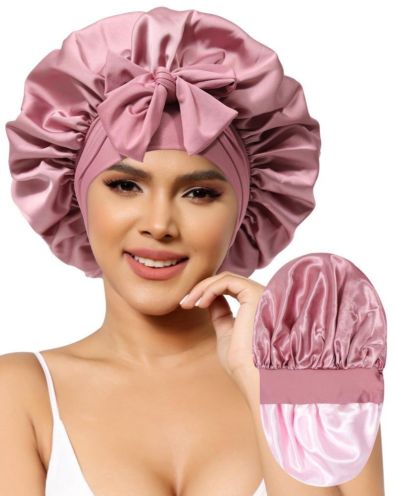 AWAYTR Satin Bonnet for Women Silk Bonnets for Sleeping Curly Hair Bonnet with Elastic Tie Band Reversible Double Layer Sleep Cap Hair Wrap (Bean Paste + Pink) - Image 1