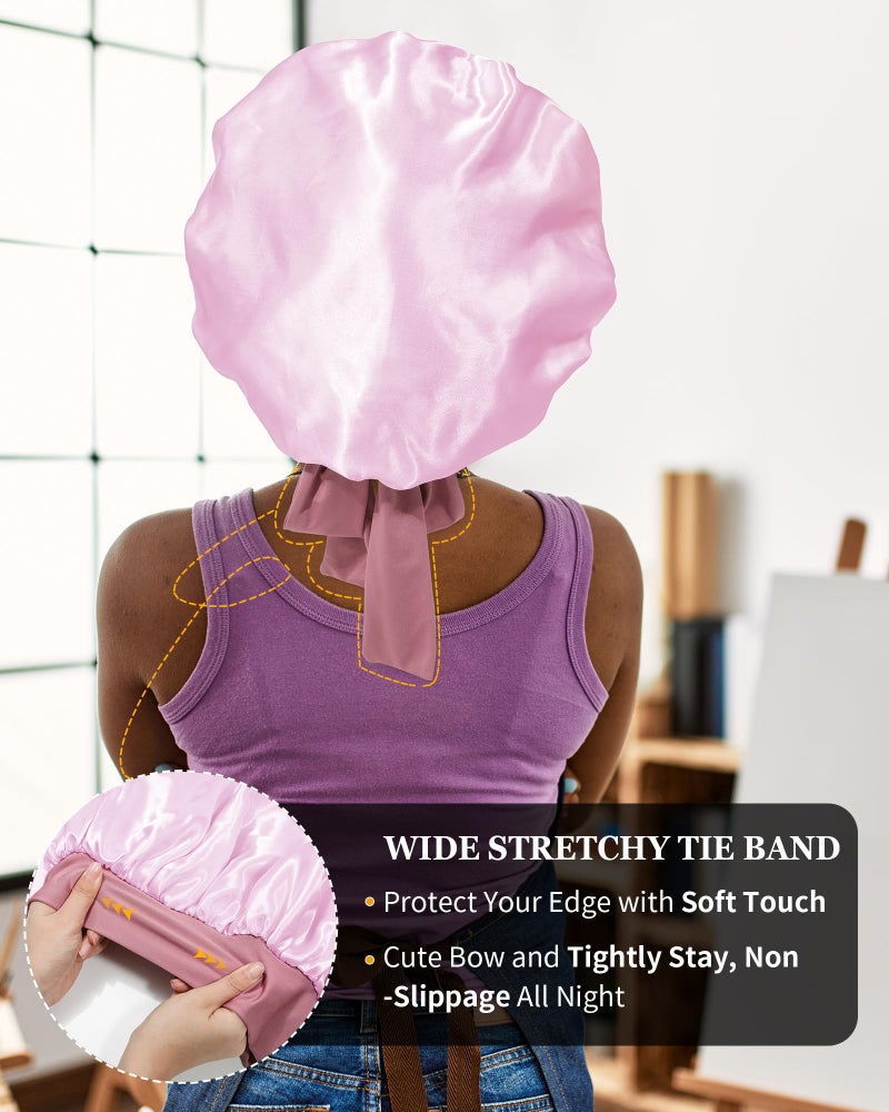 AWAYTR Satin Bonnet for Women Silk Bonnets for Sleeping Curly Hair Bonnet with Elastic Tie Band Reversible Double Layer Sleep Cap Hair Wrap (Bean Paste + Pink) - Image 5