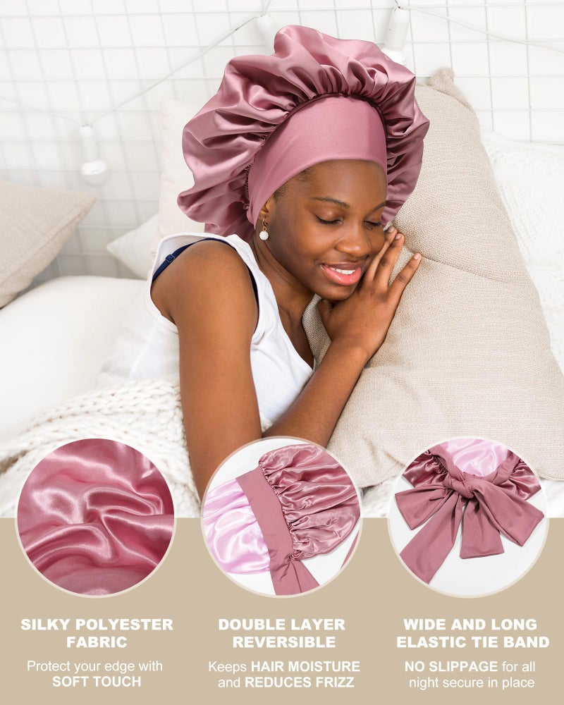 AWAYTR Satin Bonnet for Women Silk Bonnets for Sleeping Curly Hair Bonnet with Elastic Tie Band Reversible Double Layer Sleep Cap Hair Wrap (Bean Paste + Pink) - Image 4