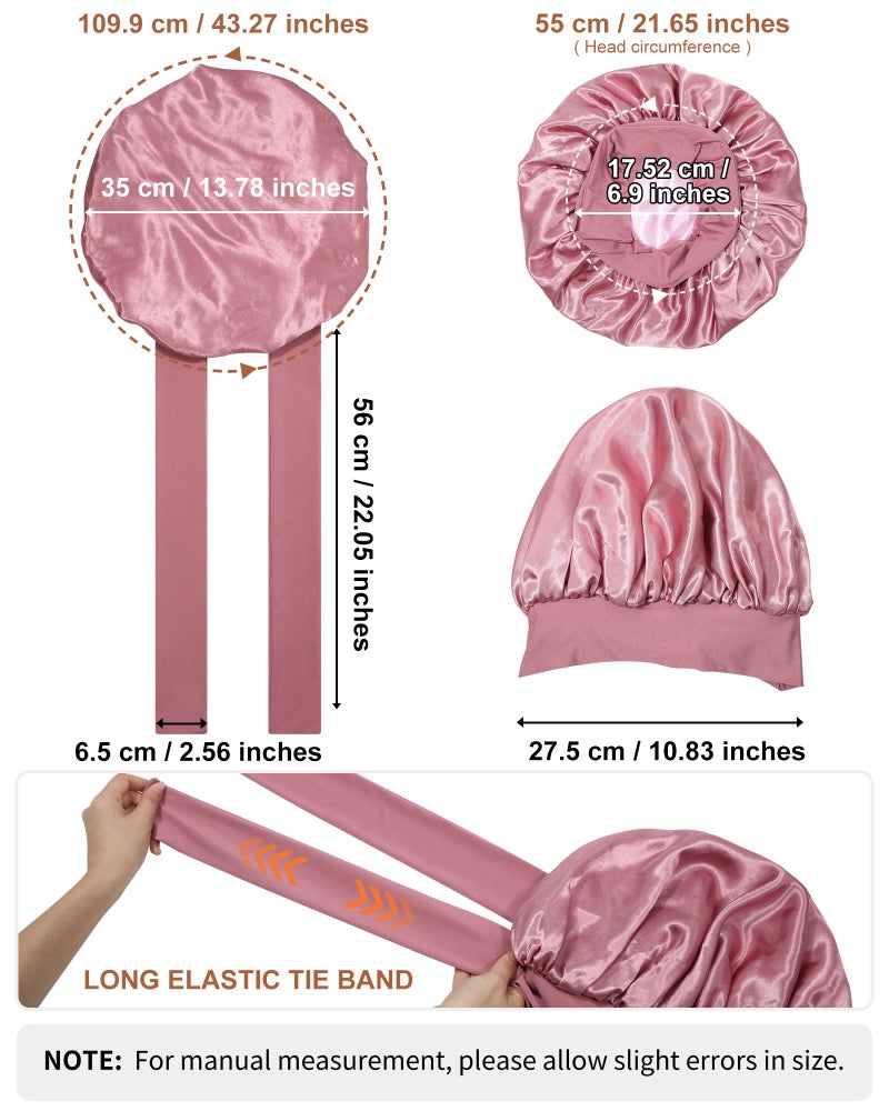 AWAYTR Satin Bonnet for Women Silk Bonnets for Sleeping Curly Hair Bonnet with Elastic Tie Band Reversible Double Layer Sleep Cap Hair Wrap (Bean Paste + Pink) - Image 3