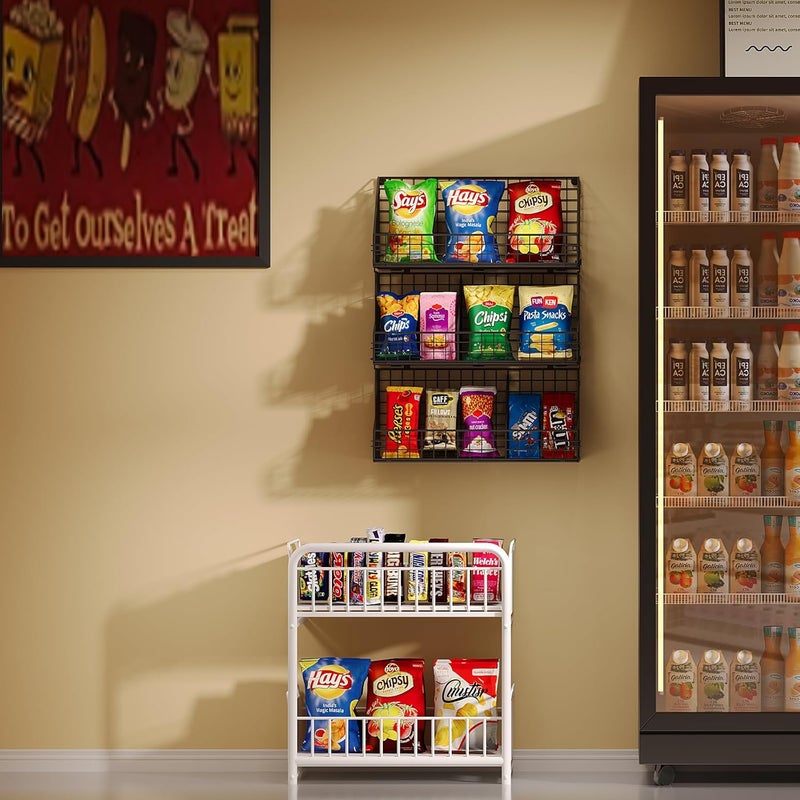 Xcosrack 3 Tier Large Stackable Snack Organizer - Versatile Wall Mounted Wire Storage Basket with Divider for Candy Chip Cans Bars - Ideal for Pantry Office Home - Image 4