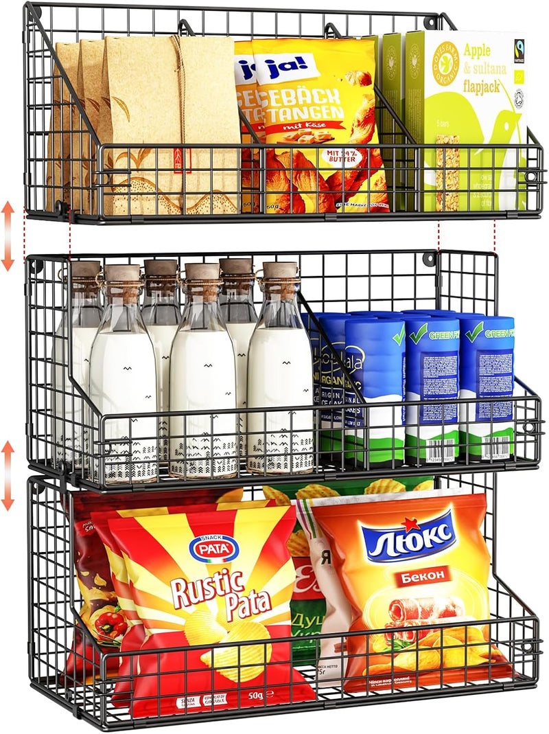 Xcosrack 3 Tier Large Stackable Snack Organizer - Versatile Wall Mounted Wire Storage Basket with Divider for Candy Chip Cans Bars - Ideal for Pantry Office Home - Image 1