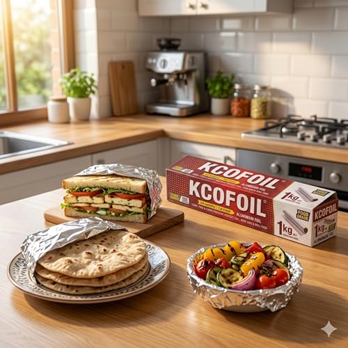 KCOFOIL Aluminium Foil Roll -1Kg | ISI Certified | 18 Micron Thickness Food-Grade Silver Foil Paper for Lunch & Tiffin | Multipurpose Kitchen Wrap for Cooking, Baking, Grilling & Food Storage | Pack of-1 - Image 2