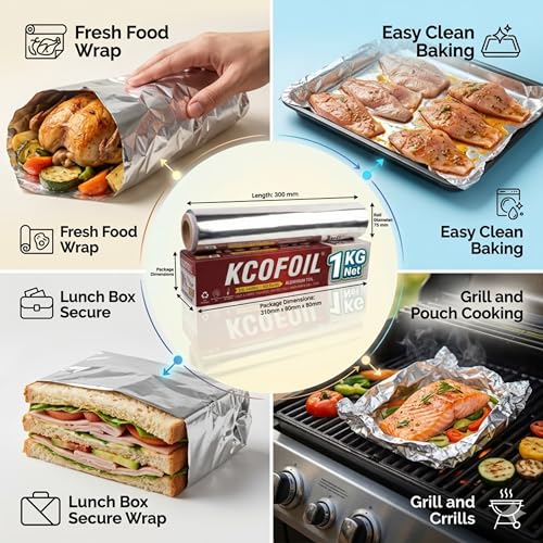 KCOFOIL Aluminium Foil Roll -1Kg | ISI Certified | 18 Micron Thickness Food-Grade Silver Foil Paper for Lunch & Tiffin | Multipurpose Kitchen Wrap for Cooking, Baking, Grilling & Food Storage | Pack of-1 - Image 4