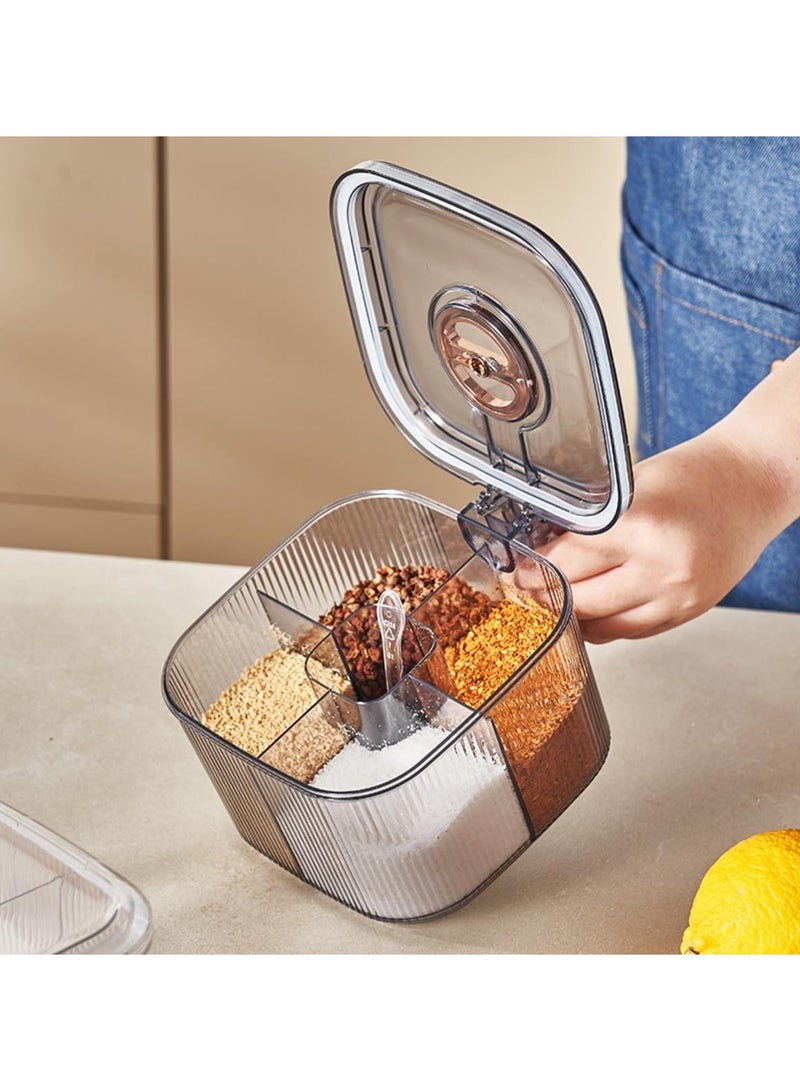 Kitchen Spice Box,Seasoning Organizer Box,4 Compartments Sealed Clear Seasoning Box With Lid,Seasoning Box with Cover and Serving Spoons,Condiment Jars,Plastic Seasoning Box Container Set  - Image 1