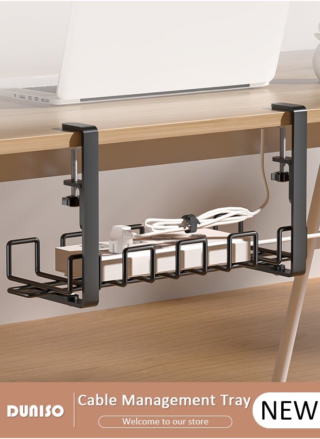 DUNISO Under Desk Cable Management Tray, Adjustable cable organizer, Under Desk Cord Organizer with Clamp Mount System for Wire Management, Metal Wire Cable Holder for Desks, Offices, No Need to Drill Holes  - Image 1