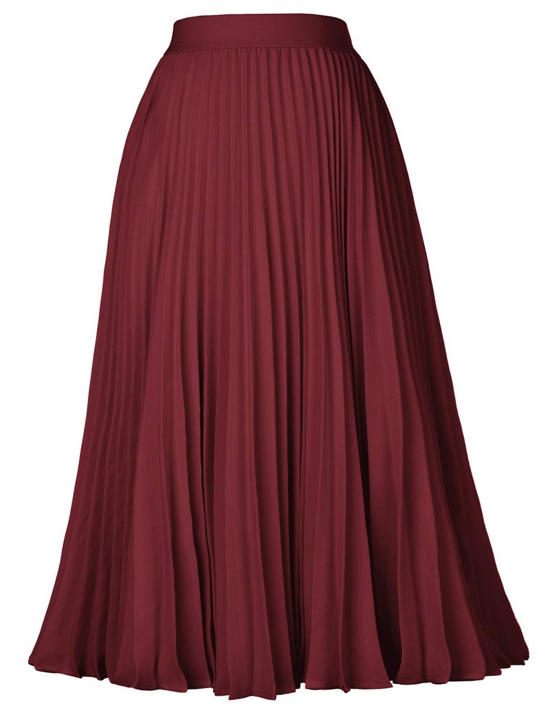 Kate Kasin Women's Pleated Flared Elastic A-line Skirt Wear Work Dark Wine Size L KK659-30 - Image 1