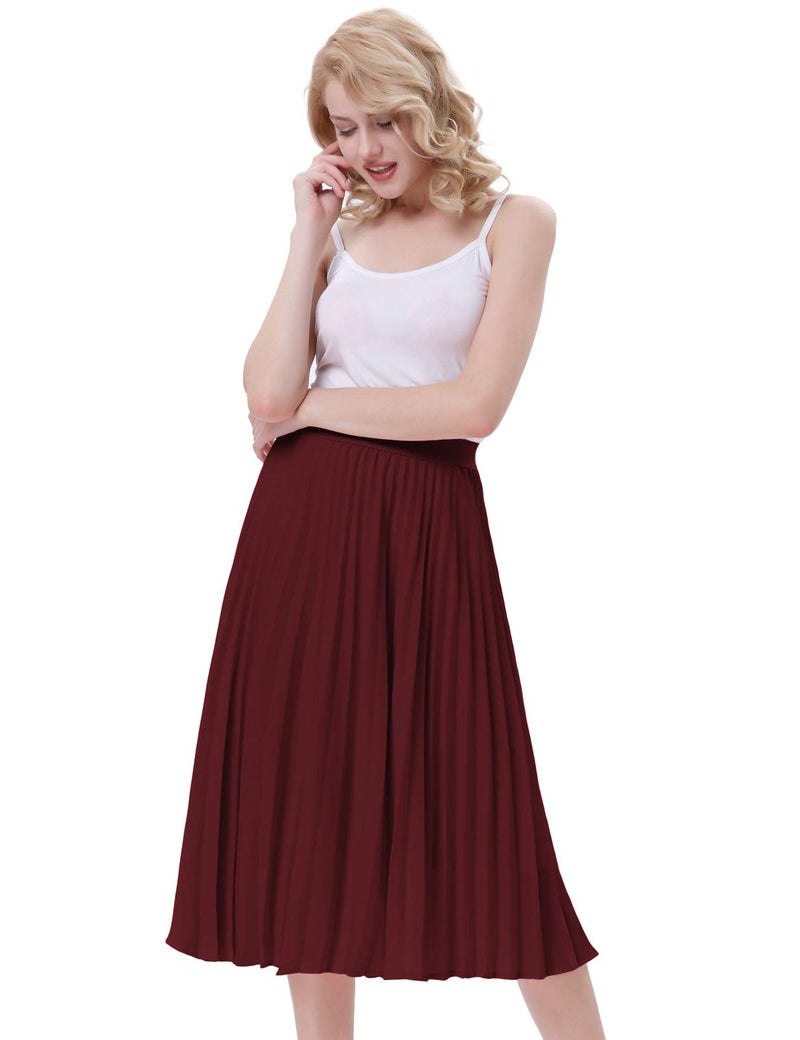 Kate Kasin Women's Pleated Flared Elastic A-line Skirt Wear Work Dark Wine Size L KK659-30 - Image 5