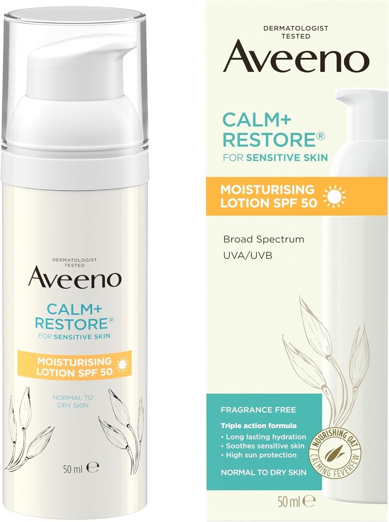 Aveeno Face CALMRESTORE Moisturising Lotion SPF 50 1 x 50ml Lightweight Triple Action Formula Long Lasting Hydration Soothes Sensitive Skin High Sun Protection Broad Spectrum UVA UVB