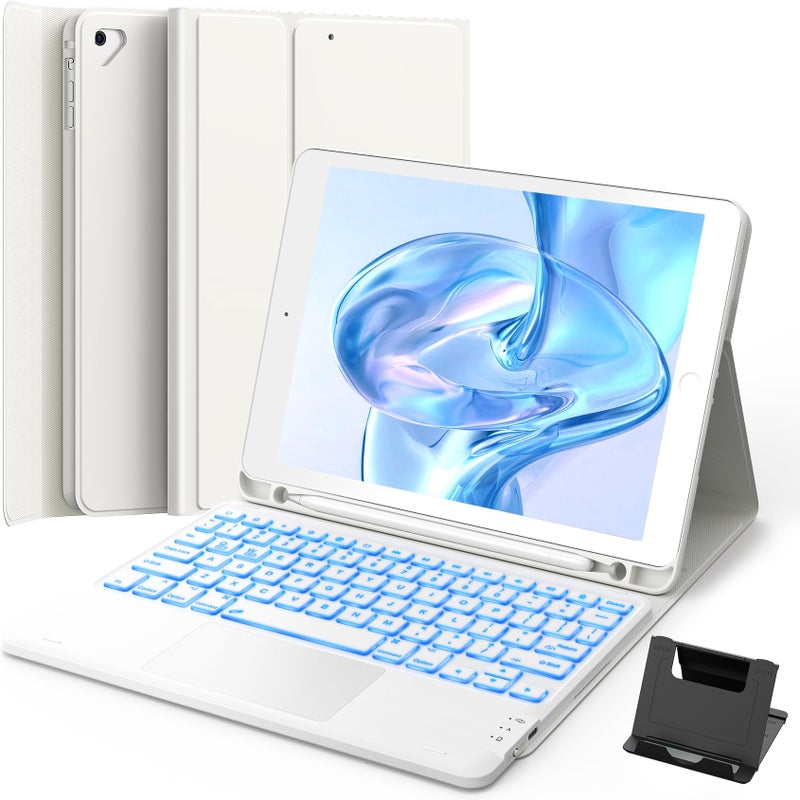 حافظة لوحة مفاتيح GreenLaw لجهاز iPad 9.7 بوصة iPad الجيل السادس 2018 iPad الجيل الخامس 2017 iPad Air 2 2014 دعم إضاءة خلفية 7 ألوان 2 أجهزة بلوتوث لوحة مفاتيح مع لوحة تتبع iPad Pro 9.7 أبيض