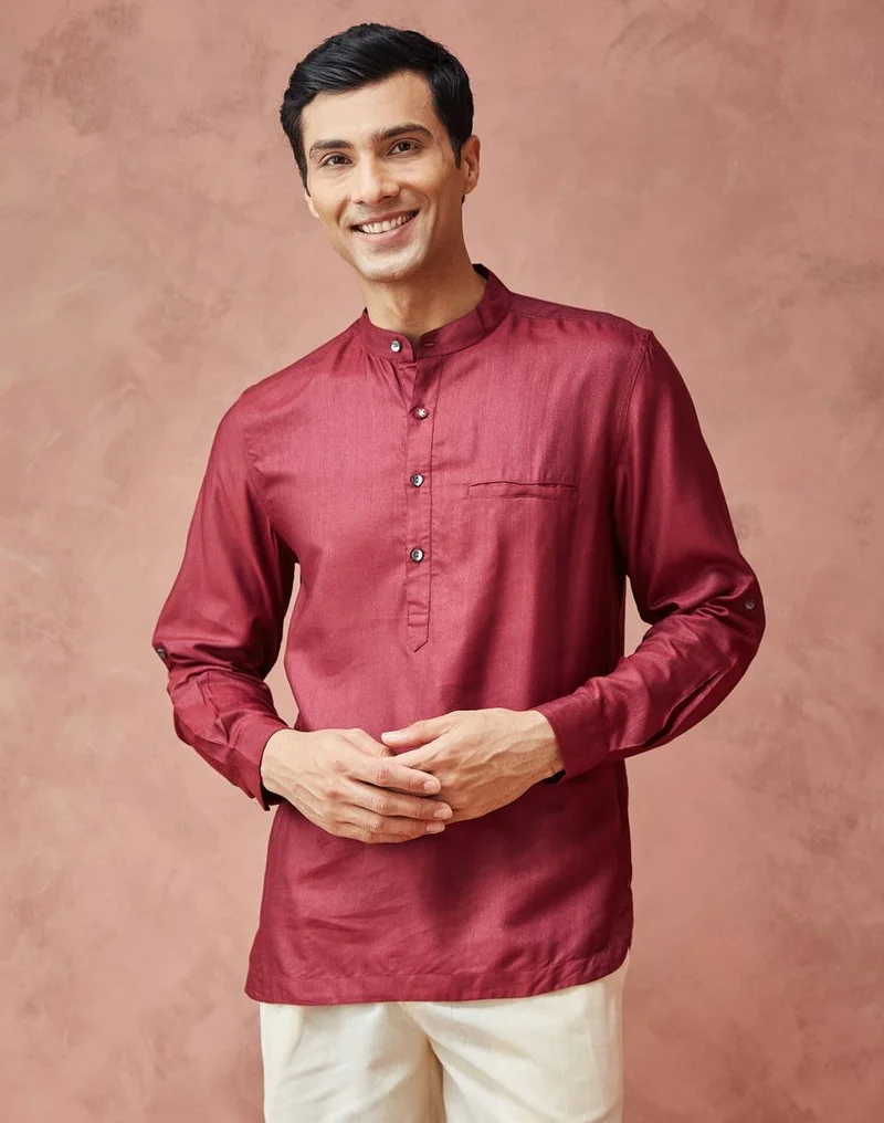 Fabindia Maroon Viscose Silk Slim Fit Mid Placket Shirt
