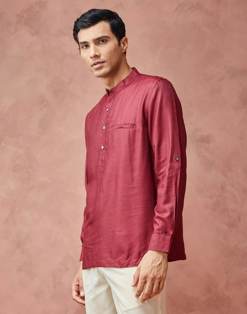 Fabindia Maroon Viscose Silk Slim Fit Mid Placket Shirt