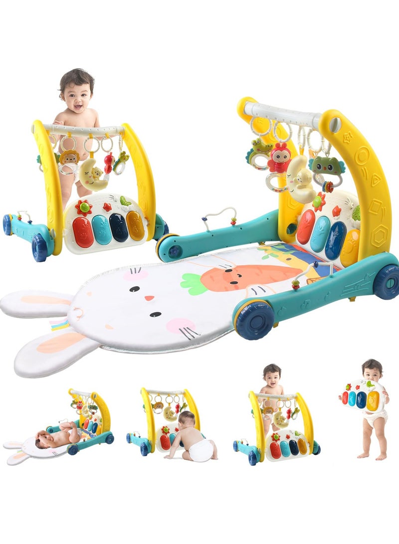 شو وو 2 في 1 صالة ألعاب رياضية للأطفال، سجادة لعب، صالة ألعاب بيانو للركل واللعب، مشاية تعليمية، مشايات دفع مزودة بأضواء، بيانو للأطفال، سجادة وقت الاستلقاء على البطن للأطفال، مركز أنشطة للأطفال مع 5 ألعاب مضغ للتعلم الحسي - Image 1