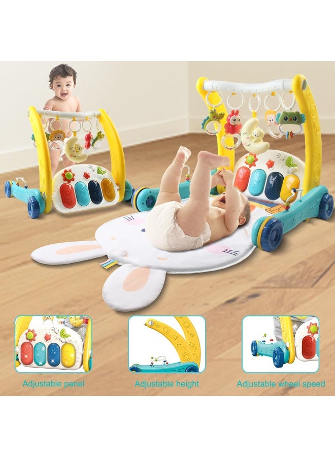 شو وو 2 في 1 صالة ألعاب رياضية للأطفال، سجادة لعب، صالة ألعاب بيانو للركل واللعب، مشاية تعليمية، مشايات دفع مزودة بأضواء، بيانو للأطفال، سجادة وقت الاستلقاء على البطن للأطفال، مركز أنشطة للأطفال مع 5 ألعاب مضغ للتعلم الحسي - Image 3