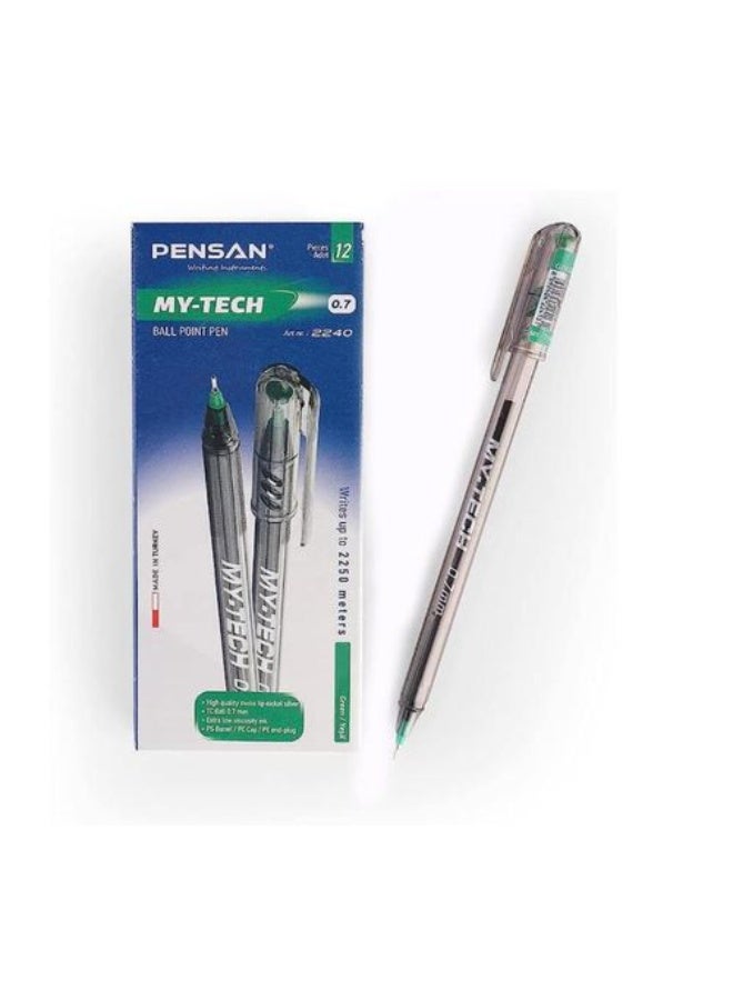 Pensan My-Tech 2240 Ballpoint Pen 0.7 mm Set of 12 Green Ink Pens - Green