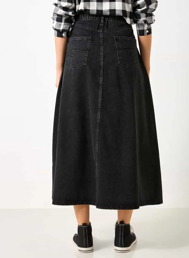 Lee Cooper Lee Cooper Solid A-line Denim Midi Skirt with Pockets