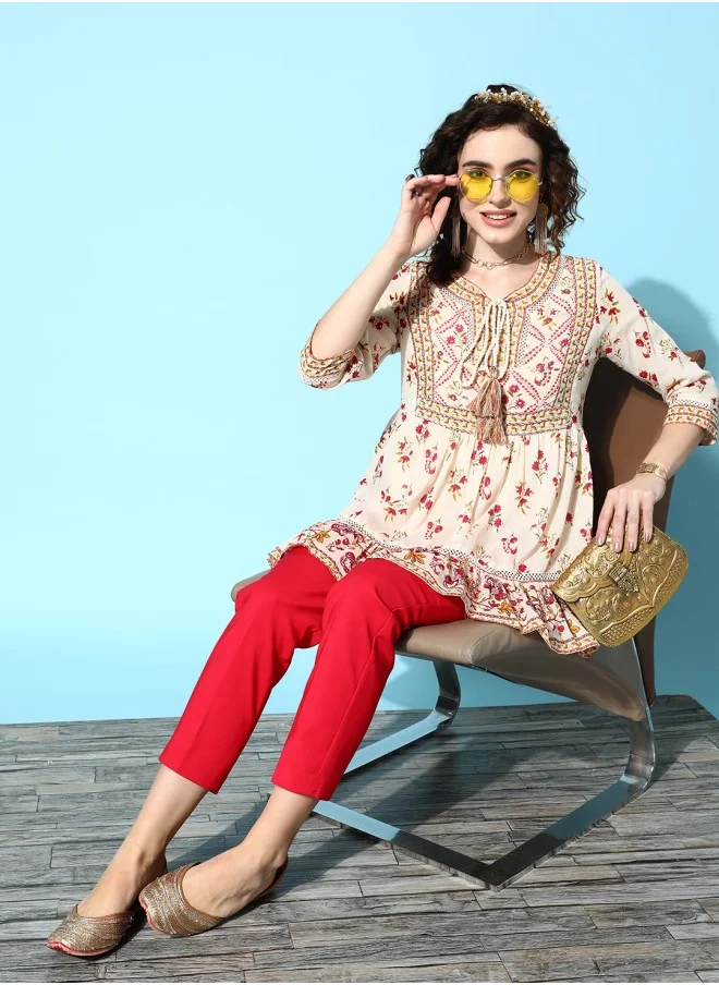 ISHIN Aline Fit Self Design Pattern Tie-Up Neck Neck Three-Quarter Sleeves Off White Colour Woven Cotton Tops for Women with Semi Elastic Closure - An Ideal Pick for Any Occasion