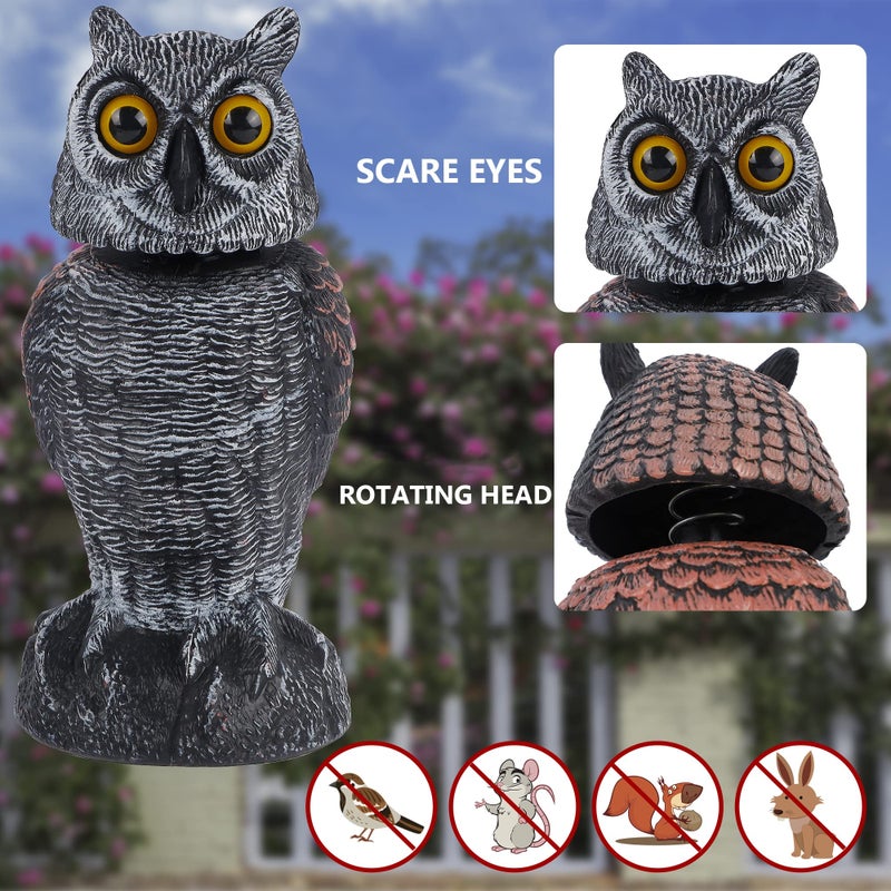 Hausse 2 Pack Fake Owl Decoys to Scare Birds Away, Rotating Head Plastic Owl Bird Deterrents, 10.6 Inch Height Bird Scarecrow Nature Enemy Horned Pest Repellent for Outdoor Garden Yard - Image 2