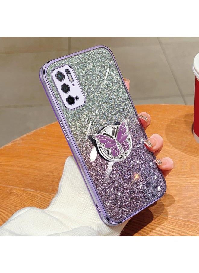 ماركة غير محددة جراب هاتف من مادة TPU بتصميم فراشة لامعة متدرجة اللون لهاتف Xiaomi Poco M3 Pro 5G (أرجواني) 