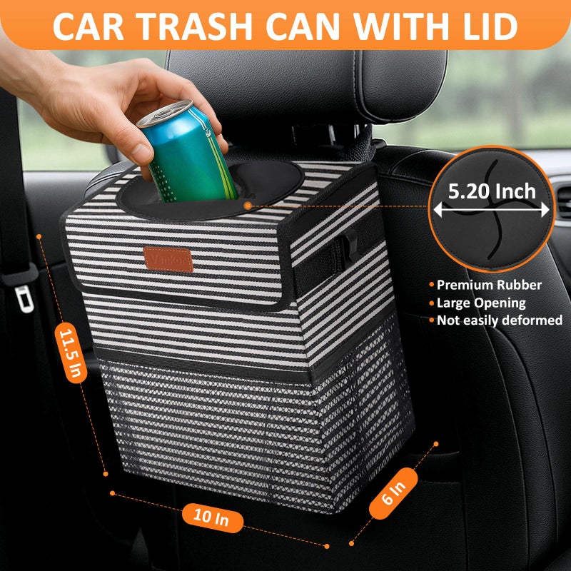 Vankor 3 Gallons Car Trash Can with Lid, Car Trash Bag Bin Hanging Waterproof Automotive Garbage Cans Leak Proof Vehicle Trash Can Stripe - Image 2