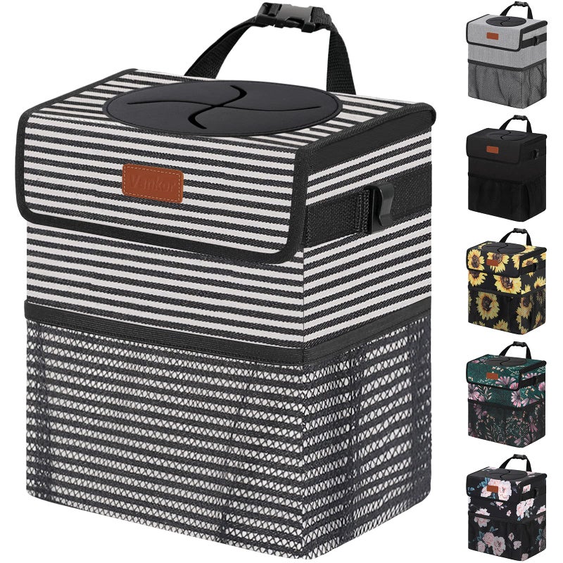 Vankor 3 Gallons Car Trash Can with Lid, Car Trash Bag Bin Hanging Waterproof Automotive Garbage Cans Leak Proof Vehicle Trash Can Stripe - Image 1