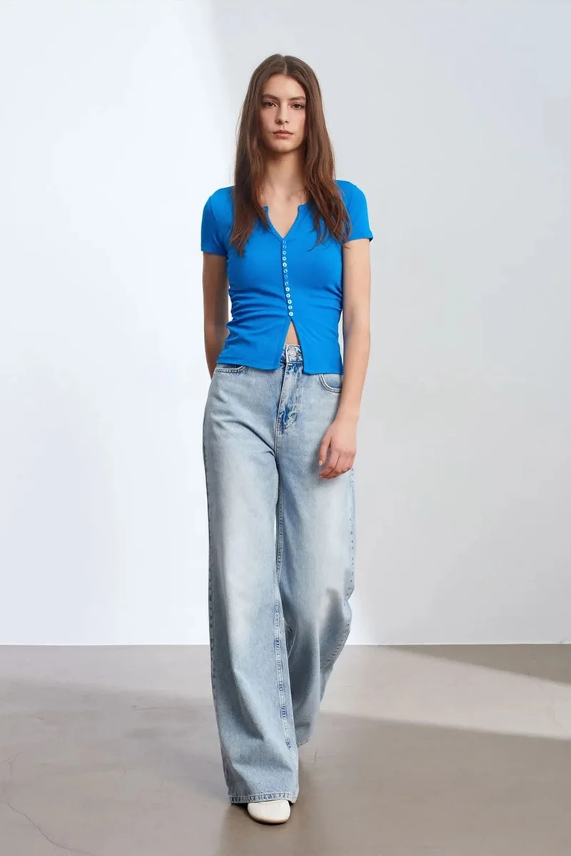 Dilvin Cobalt Blue DILVIN Slim Fit V-Neck Button Blouse for Women | Best Price UAE