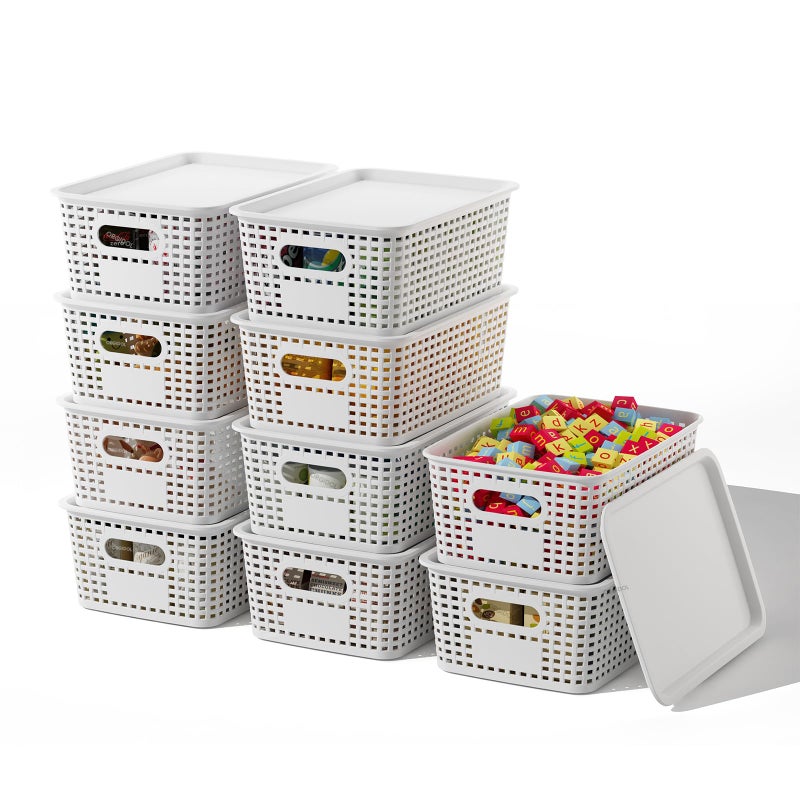ORGIDOL Plastic Storage Basket with Lids 10 Pack Stackable Storage Bins Containers with Lid, Decorative Storage Boxes for Organizing Shelves, Drawers, Playroom, Classroom, Office, Closet, White - Image 1