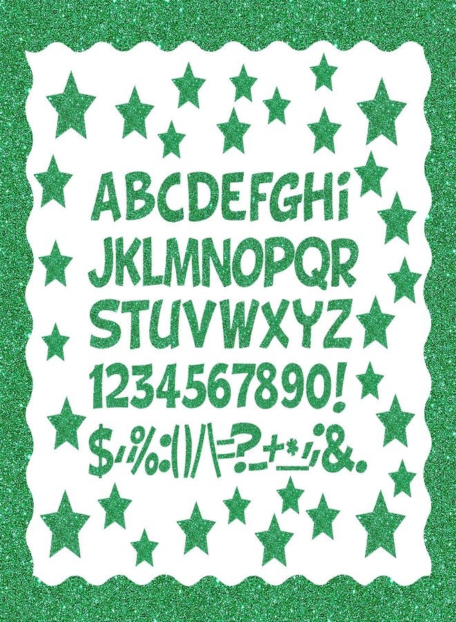 Containlol 188 Pcs Green Glitter Bulletin Board Border Poster Letter Star Cutout Set, 59 ft Scalloped Border Trim Alphabet Letter Stars Number Punctuations for Classroom School St Patricks Day Decor - Image 1