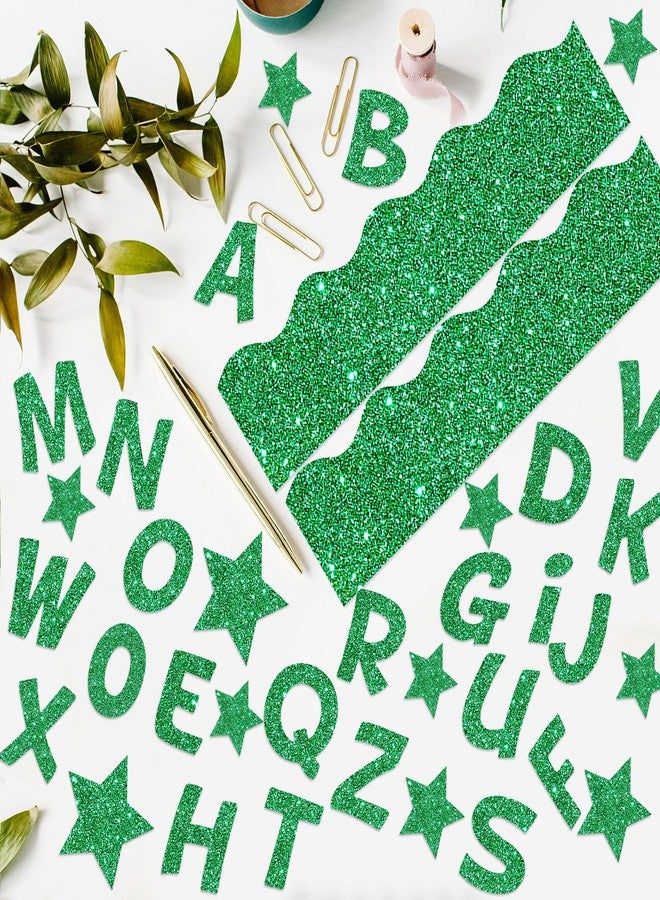 Containlol 188 Pcs Green Glitter Bulletin Board Border Poster Letter Star Cutout Set, 59 ft Scalloped Border Trim Alphabet Letter Stars Number Punctuations for Classroom School St Patricks Day Decor - Image 4