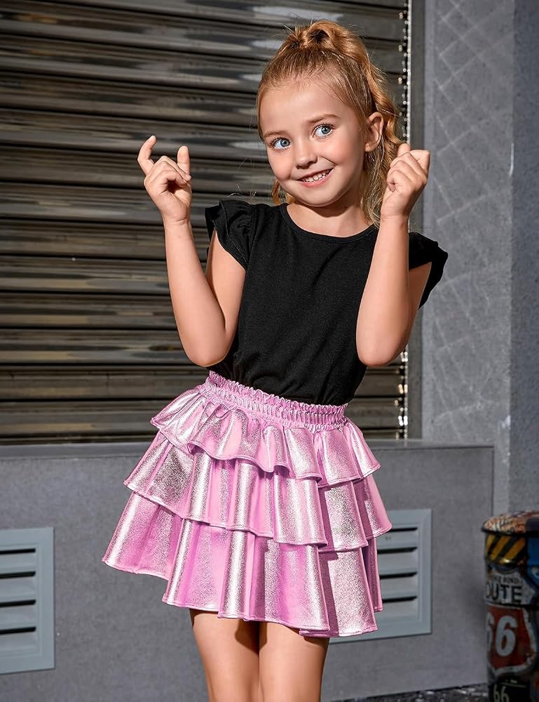 Azonee تنورة معدنية لامعة للبنات، مكونة من 3 طبقات ومزينة بخرز، مناسبة للرقص، مع نظارات شمسية للأطفال من عمر 6 إلى 15 سنة - Image 4