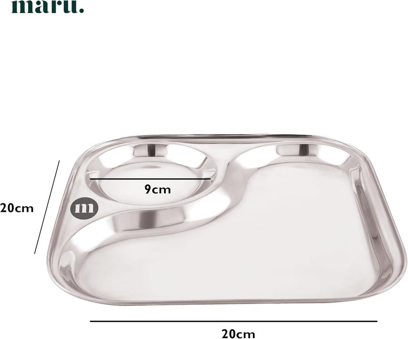 MARU أطباق عشاء من الفولاذ المقاوم للصدأ مع قسم 2 في 1 مجموعة من 6 أطباق كبيرة متينة مثالية للإفطار والغداء والعشاء مثالية لتقديم الوجبات الهندية خفيفة الوزن - Image 2