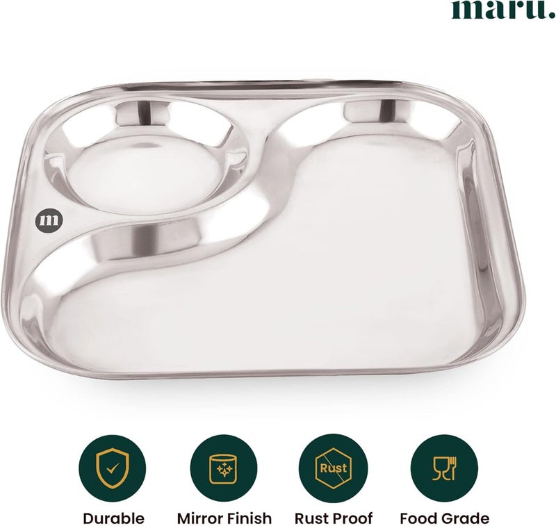 MARU أطباق عشاء من الفولاذ المقاوم للصدأ مع قسم 2 في 1 مجموعة من 6 أطباق كبيرة متينة مثالية للإفطار والغداء والعشاء مثالية لتقديم الوجبات الهندية خفيفة الوزن - Image 5