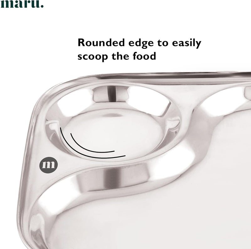 MARU أطباق عشاء من الفولاذ المقاوم للصدأ مع قسم 2 في 1 مجموعة من 6 أطباق كبيرة متينة مثالية للإفطار والغداء والعشاء مثالية لتقديم الوجبات الهندية خفيفة الوزن - Image 3