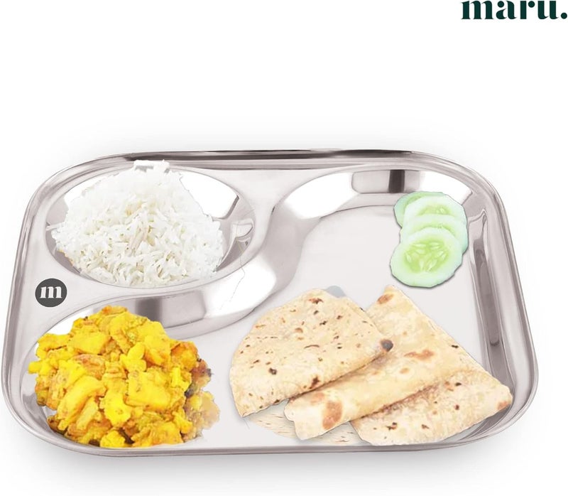 MARU أطباق عشاء من الفولاذ المقاوم للصدأ مع قسم 2 في 1 مجموعة من 6 أطباق كبيرة متينة مثالية للإفطار والغداء والعشاء مثالية لتقديم الوجبات الهندية خفيفة الوزن - Image 4