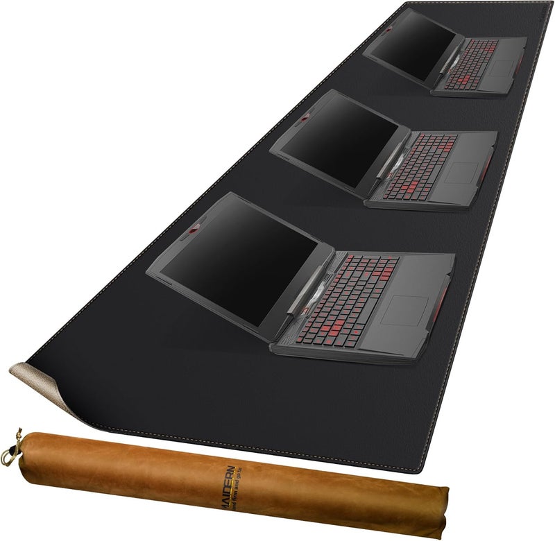 MAIDERN مايدرن حصيرة مكتب جلدية، XXL 78.7 × 24 بوصة حصيرة مكتب كبيرة قابلة للعكس، حصيرة ماوس كبيرة من الفلين والجلد للمكتب، حصيرة مكتب كمبيوتر مقاومة للماء للألعاب والمكتب المنزلي (أسود) - Image 1