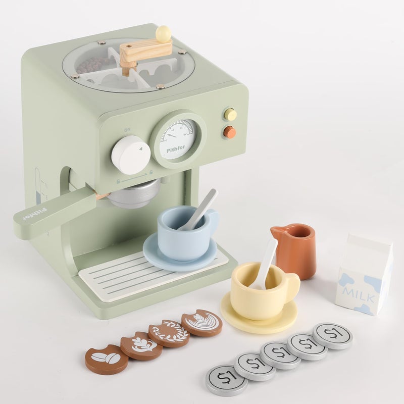 Pithfor Kids Wooden Coffee Maker Toy with Grinder Pretend Play Kitchen Appliances Accessories Toy Gift for Kids Toddlers Boys Girls - Image 4