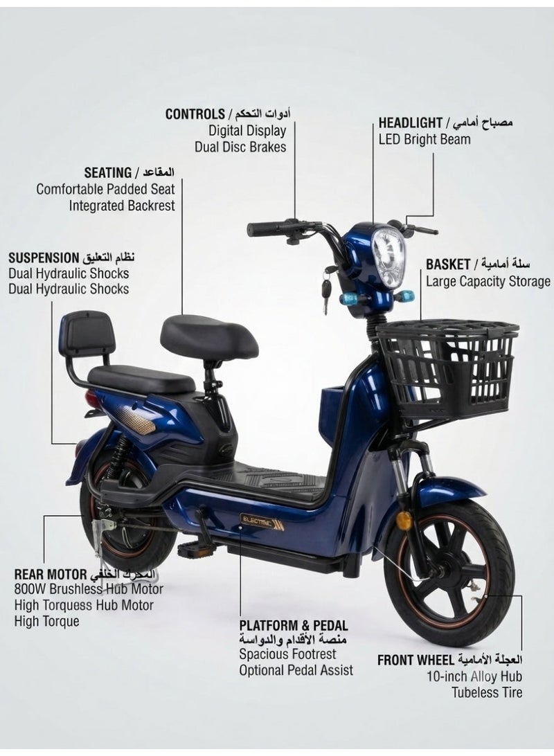 Premium Dual-Seat Electric Scooter / Moped with 800W High-Torque Motor, Long-Range 48V 12Ah Battery, Front & Rear Baskets, and Adjustable Comfort Seating - Deep Metallic Blue Finish - Image 5