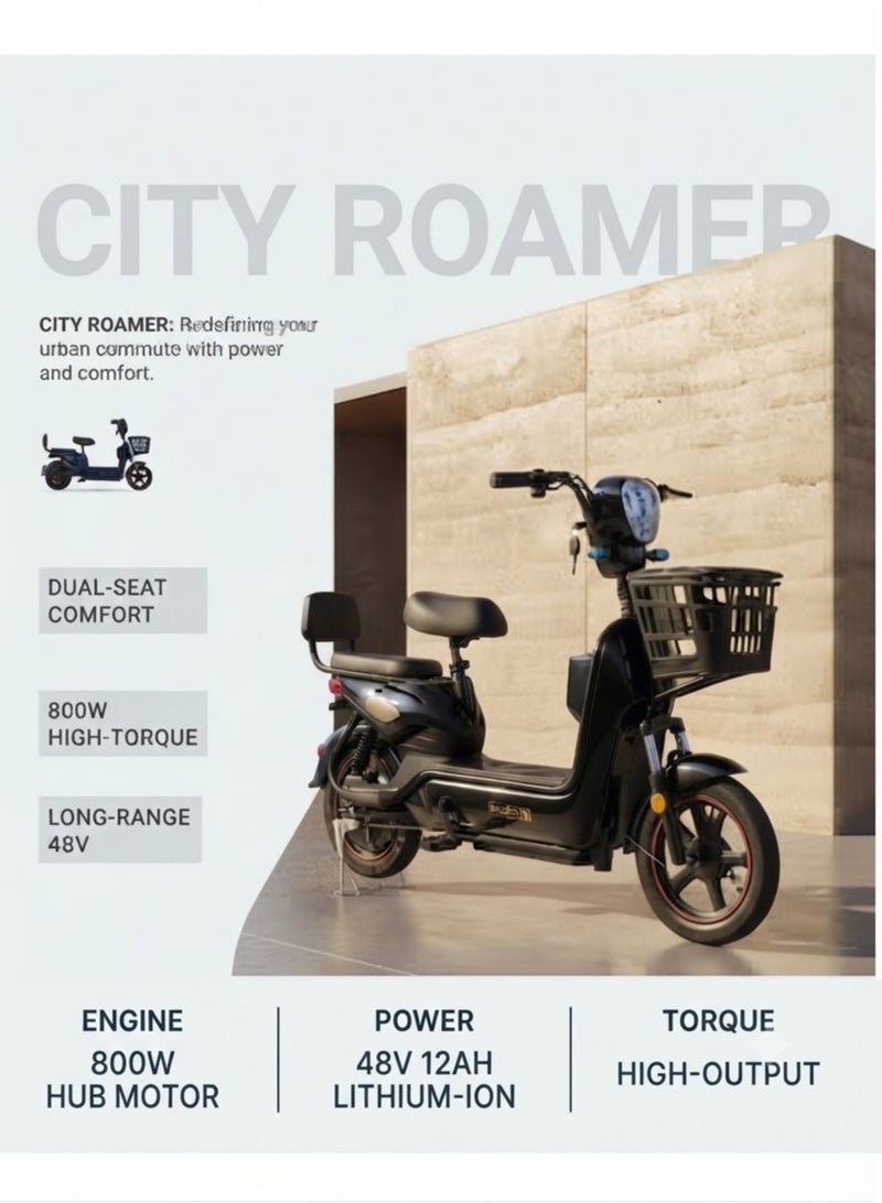 Premium Dual-Seat Electric Scooter / Moped with 800W High-Torque Motor, Long-Range 48V 12Ah Battery, Front & Rear Baskets, and Adjustable Comfort Seating - Deep Metallic black Finish - Image 4