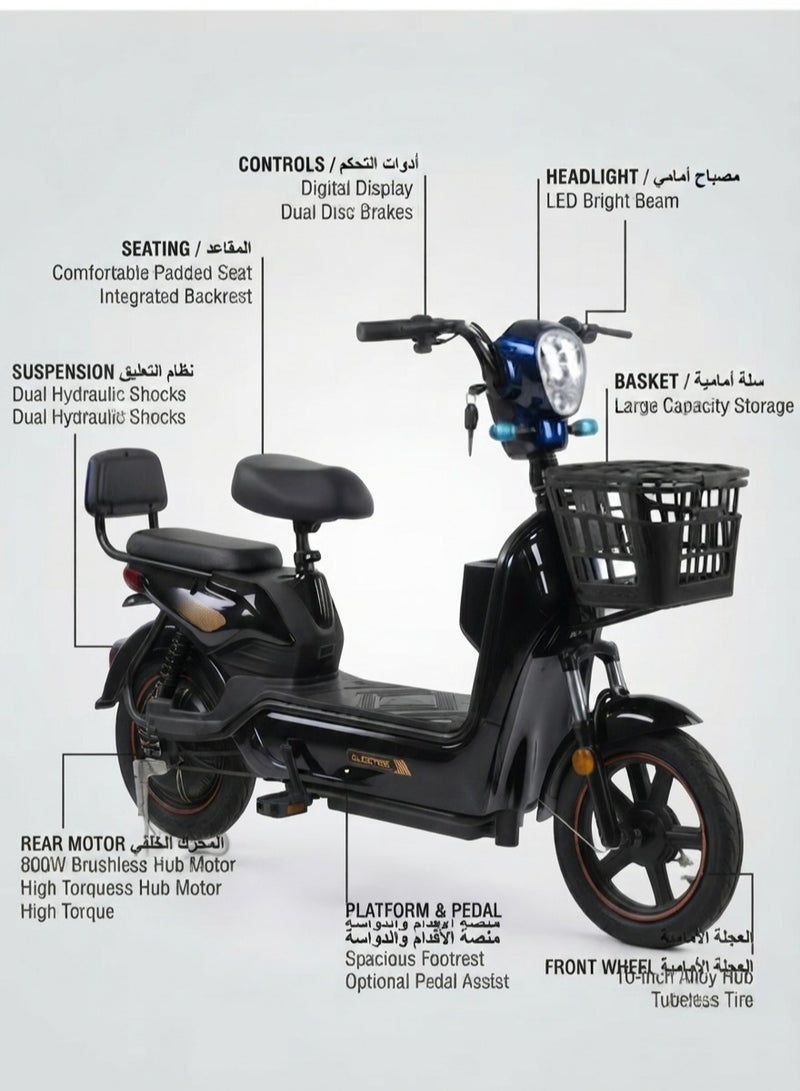 Premium Dual-Seat Electric Scooter / Moped with 800W High-Torque Motor, Long-Range 48V 12Ah Battery, Front & Rear Baskets, and Adjustable Comfort Seating - Deep Metallic black Finish - Image 5
