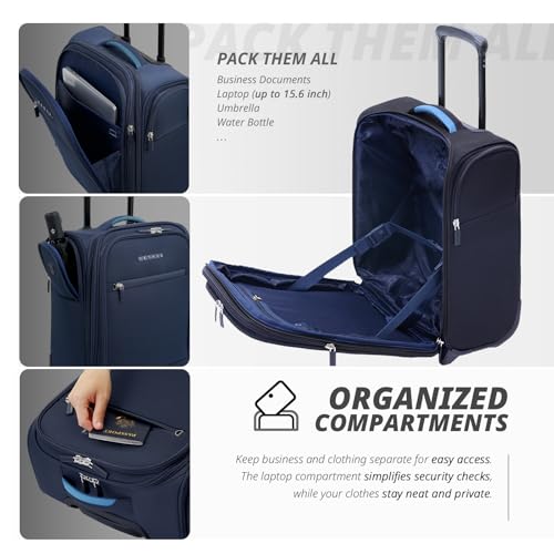 Verage 16 inch Underseat Carry On Luggage with Wheels, Navy Softside Small Suitcase Spinner Wheeled Rolling Travel Laptop Bag for Airlines Airplanes Short Trip Men Women - Image 5