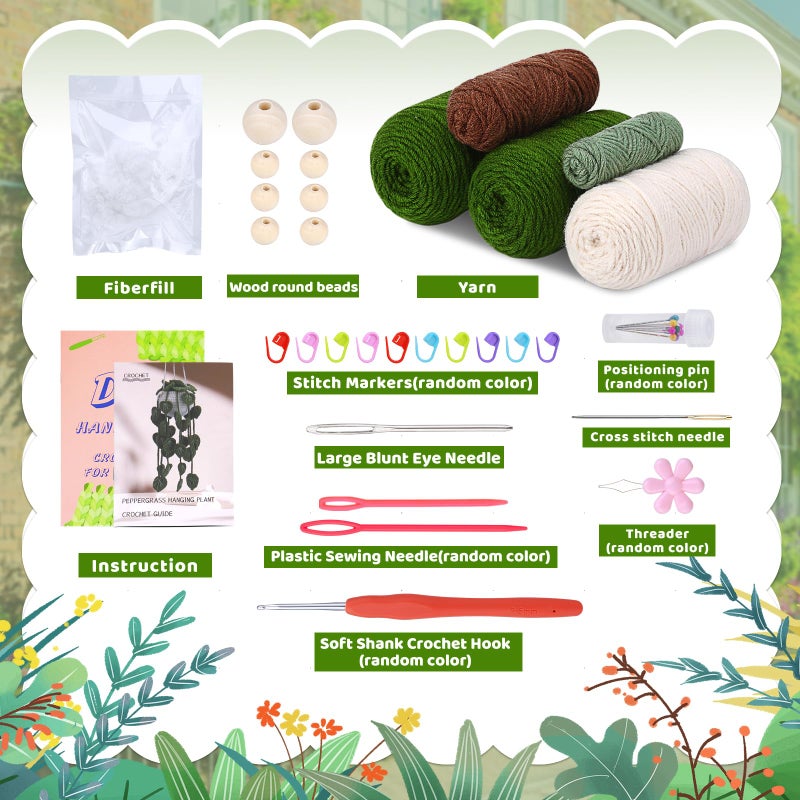 kdafio Crochet Kit for Beginners, Hanging Potted Plants Crochet Starter Kit with Step-by-Step Video Tutorials Complete Crochet Kit for Beginners Decoration (Green Grass Plants) - Image 2