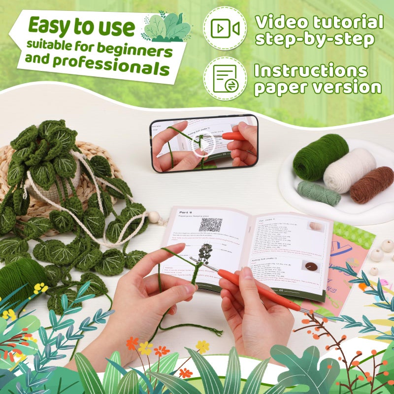 kdafio Crochet Kit for Beginners, Hanging Potted Plants Crochet Starter Kit with Step-by-Step Video Tutorials Complete Crochet Kit for Beginners Decoration (Green Grass Plants) - Image 3