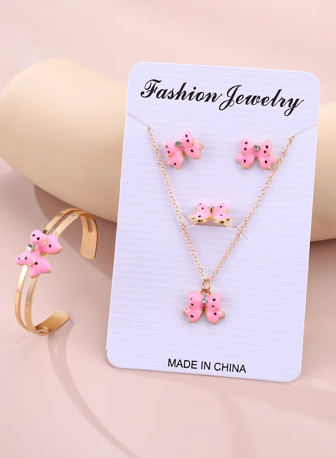 Girls Light Pink Bow Charm Necklace, Bracelet, Ring and Earrings Set