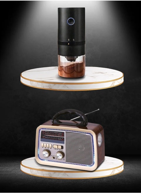A set consisting of a portable rechargeable electric coffee grinder, a portable radio that works with Bluetooth technology, equipped with a USB port, a memory port, a headphone jack, and a torch.